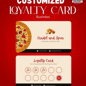 Pode incluir: Cartão de fidelidade personalizado para um negócio, com um gráfico de fatia de pizza. O cartão inclui o texto "Fradel and Spies Homemade Woodfired Pizza" e um programa de fidelidade com ícones de fatia de pizza. O cartão também tem informações de contato e o texto "Best Printable Card".