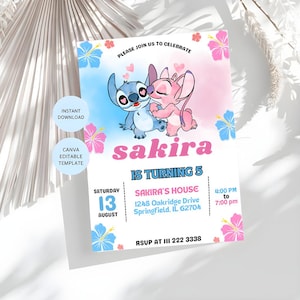 Stitch and Angel Birthday Invitation, Editable Stitch Birthday Invitation, Digital Party Invite, Stitch Birthday Party Invitation Printable