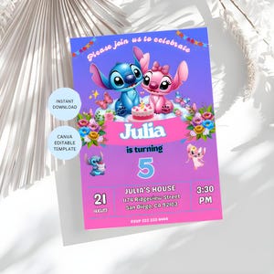 Stitch Editable Birthday Invitation Template, Printable Birthday Invitations, Digital Kids Party Invite, Digital Bday Card Invite, Stitch