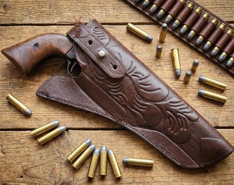 Hochwertiges Holster aus geprägtem Vollnarbenleder | Western-Cowboy-Holster aus punziertem Leder mit Blumenmuster | Kaffeebraun, Schokoladenbraun