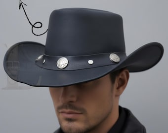 Sombrero vaquero vintage de cuero negro estilo western: ala ancha hecha a mano para hombre y mujer, ajustable, estilo clásico del Outback.