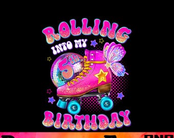 Rolling Into 5 Birthday PNG, Glitter Roller Skates, Sublimation Design (Instant Download)
