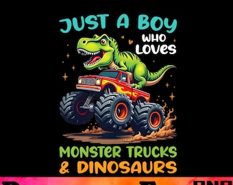 モンスター トラックと恐竜が大好きな男の子の PNG、T-Rex モンスター トラックの水彩デザイン、男の子の誕生日昇華。