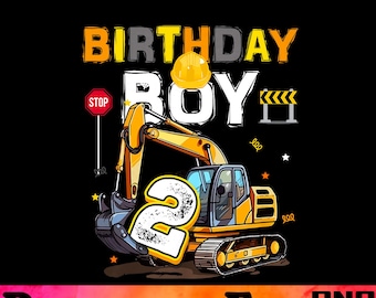 Może przedstawiać: Czarna grafika z żółtą koparką, cyfrą 2 i napisem "BIRTHDAY BOY". Zawiera również żółty kask, znak stopu i barierę budowlaną. Na dole obrazu widnieje napis "DOWNLOAD FILE" w kolorowej czcionce.