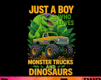 モンスター トラックと恐竜が大好きな男の子の PNG、T-Rex モンスター トラックの水彩デザイン、男の子の誕生日昇華。