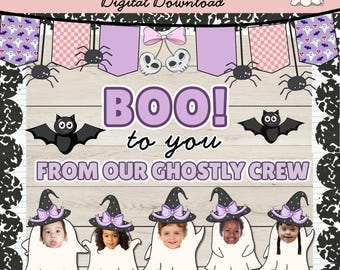 Könnte beinhalten: Ein Halloween-Themen-Pinnwand-Kit mit dem Text "HALLOWEEN BULLETIN BOARD KIT" und "Digital Download". Das Design umfasst Geister, Fledermäuse, Spinnen und den Satz "BOO! to you FROM OUR GHOSTLY CREW". Das Kit enthält eine Vielzahl von dekorativen Elementen.