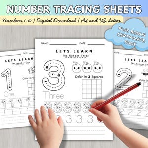 May include: Number tracing sheets with numbers 1-10, a digital download. The sheets feature large numbers for tracing, with accompanying illustrations and space for coloring. The text "Lets Learn" is at the top of each sheet.