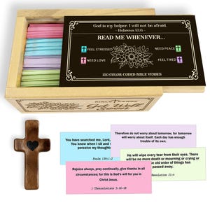 Bible Verse Cards Get Well Gift, 150 Color Coded Scriptures in Engraved Wooden Box, Faith Encouragement
