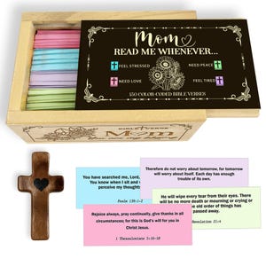 Color-Coded Bible Verse Cards for Mom: Christian Gift in Engraved Wooden Box