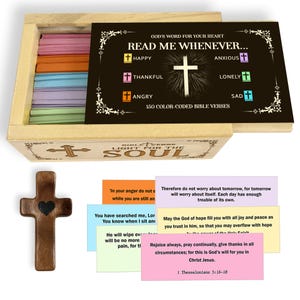 Handmade Bible Verse Cards: Wooden Cross Box, 150 Color-Coded Scripture Cards