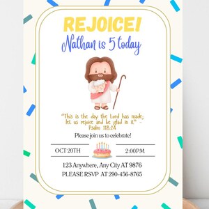 K&ouml;nnte beinhalten: Rechteckige Einladungskarte mit cremefarbenem Hintergrund und dem Text "REJOICE! Nathan ist heute 5". Sie enth&auml;lt eine Illustration von Jesus und einem Lamm, mit Veranstaltungsdetails und dem Text "Jesus Birthday Invitation (5 x 7")".
