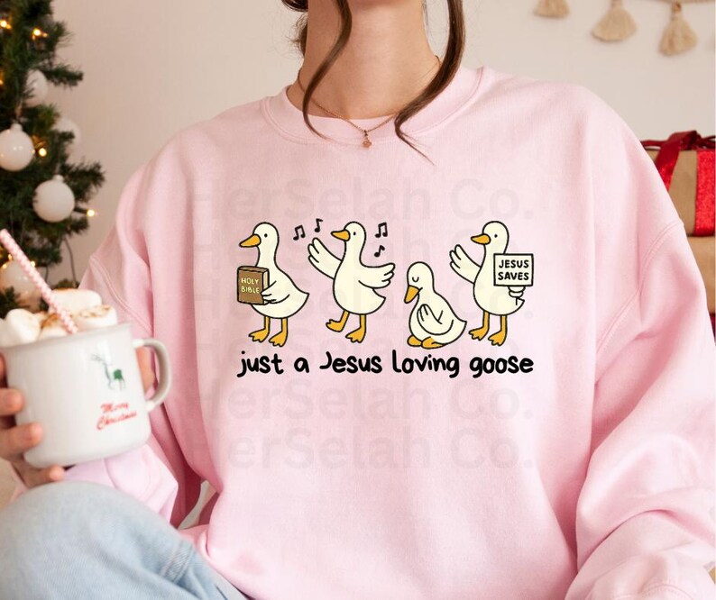 Puede incluir: Sudadera rosa claro con un dise&ntilde;o de cuatro gansos de dibujos animados. Uno sostiene una Biblia, otro un cartel que dice "Jesus Saves". El texto "just a Jesus loving goose" est&aacute; impreso debajo.