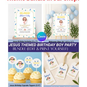 K&ouml;nnte beinhalten: Ein Party-Bundle mit Jesus-Thema. Enth&auml;lt Einladungen, ein Willkommensschild, Cupcake-Topper und Etiketten. Die Einladung ist 12,7 x 17,8 cm gro&szlig;, das Willkommensschild 21,6 x 27,9 cm, die Cupcake-Topper 6,4 cm und die Etiketten 5,1 x 8,4 cm.