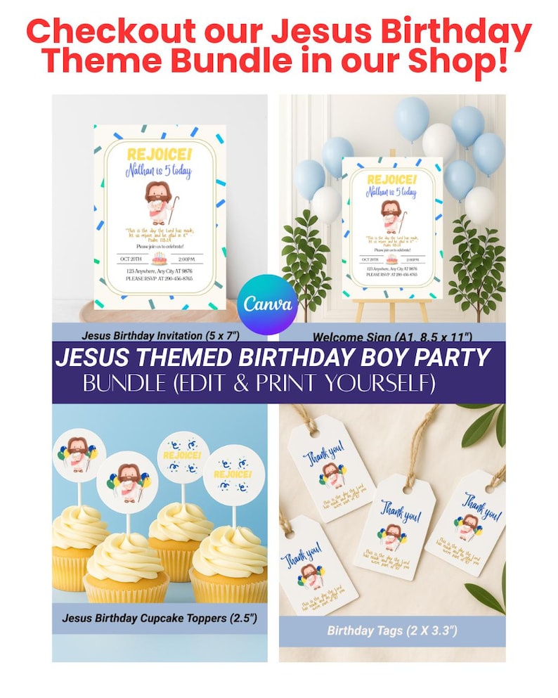 K&ouml;nnte beinhalten: Ein Party-Bundle mit Jesus-Thema. Enth&auml;lt Einladungen, ein Willkommensschild, Cupcake-Topper und Etiketten. Die Einladung ist 12,7 x 17,8 cm gro&szlig;, das Willkommensschild 21,6 x 27,9 cm, die Cupcake-Topper 6,4 cm und die Etiketten 5,1 x 8,4 cm.