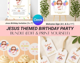 Jesus Geburtstagseinladung BUNDLE | Christliche Kinderparty einladen | Druckbare bearbeitbare Geburtstagskarte | Glaubensbasierte Geburtstagsvorlage