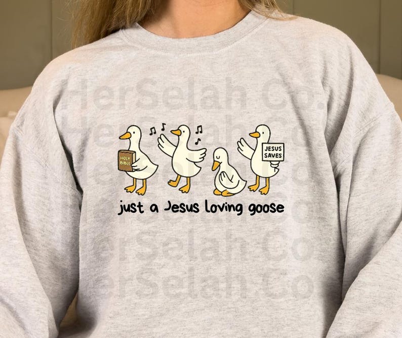 Puede incluir: Sudadera gris claro con un dise&ntilde;o de dibujos animados de cuatro gansos blancos. Un ganso sostiene un libro con la etiqueta "Holy Bible", otro canta y un tercero sostiene un letrero que dice "Jesus Saves". El texto "just a Jesus loving goose" est&aacute; debajo.