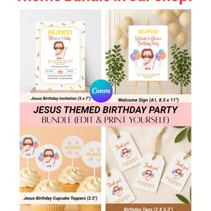 Op de afbeelding: Een Jezus-thema verjaardagsfeestpakket met uitnodigingen, een welkomstbord, cupcake toppers en labels. De uitnodiging is 12,7 x 17,8 cm, het welkomstbord is 21,6 x 27,9 cm, de cupcake toppers zijn 6,4 cm en de labels zijn 5,1 x 8,4 cm. De tekst bevat "REJOICE!" en "Jesus Birthday".