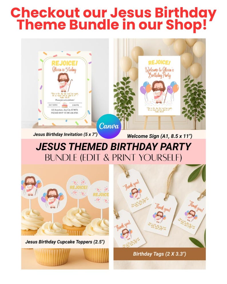 Op de afbeelding: Een Jezus-thema verjaardagsfeestpakket met uitnodigingen, een welkomstbord, cupcake toppers en labels. De uitnodiging is 12,7 x 17,8 cm, het welkomstbord is 21,6 x 27,9 cm, de cupcake toppers zijn 6,4 cm en de labels zijn 5,1 x 8,4 cm. De tekst bevat "REJOICE!" en "Jesus Birthday".