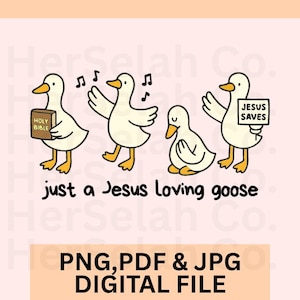 Puede incluir: Gr&aacute;fico digital con cuatro gansos de dibujos animados con picos y patas amarillas. Un ganso sostiene una Biblia, otro canta, un tercero reza y el &uacute;ltimo sostiene un letrero que dice "JESUS SAVES". El texto "just a Jesus loving goose" est&aacute; debajo.