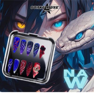 Handmade Demon Slayer Obanai-Inspired Press On Nails with Snake & 3D Floral Anime Art, Red Green Design, Unique Cosplay, Gift for Anime Fans