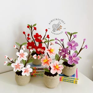 Peut inclure: Trois plantes en crochet en pot avec des branches fleuries aux pétales blancs, rouges, roses et violets. Chaque plante est placée dans un pot en crochet beige. Le logo KIMICROCHET HANDMADE est visible au-dessus des plantes posées sur des livres.