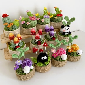 Peut inclure: Une collection de petites plantes et créatures en crochet faites à la main. L'ensemble comprend divers cactus aux fleurs colorées, des champignons rouges et violets, un esprit de suie noir, un panda et des escargots, dans des pots beiges texturés.