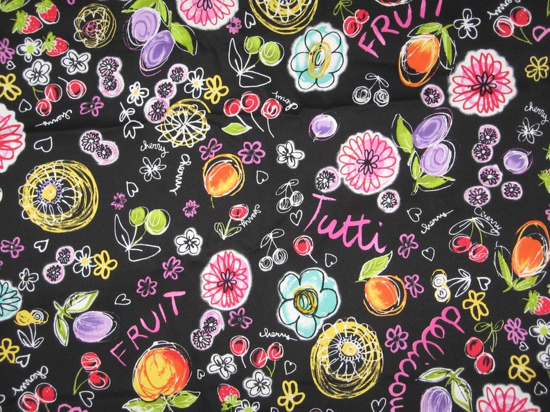 Fruit print black twill fabric 1 yard image 3