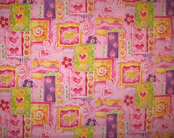 Hearts and flowers on pink fabric 1 yard