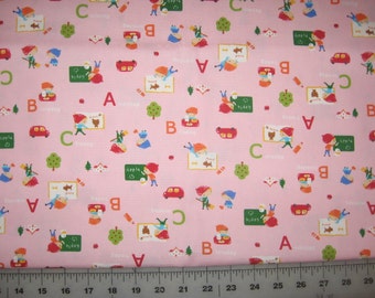 Japanese import School A B C apples  on light pink 51" X 44" cotton light canvas fabric