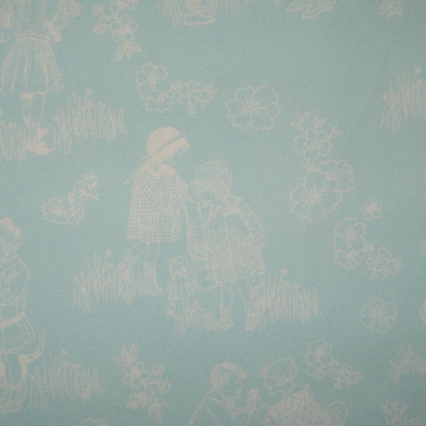 Aqua and white toile cotton 1 yard Retro children