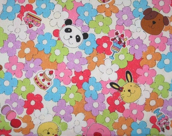 Animals treats and flowers Japanese on white fabric 1 meter