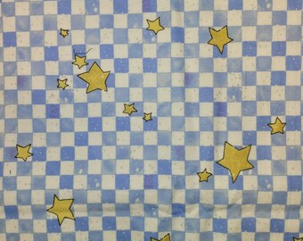 Flannel fabric gold stars on blue and white check  BTHY