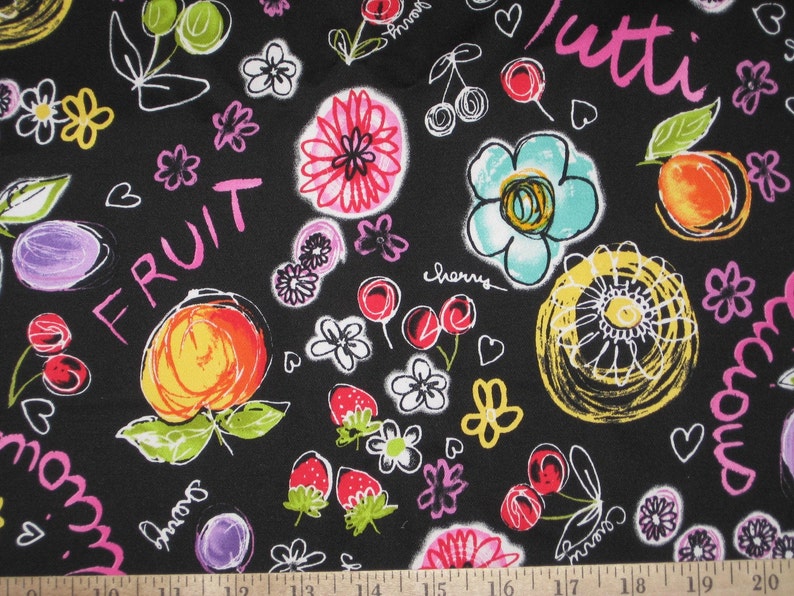 Fruit print black twill fabric 1 yard image 2