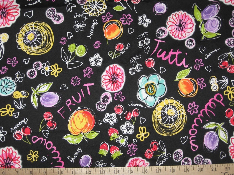 Fruit print black twill fabric 1 yard image 1