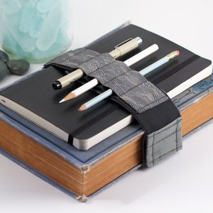 Adjustable Bandolier // Grey Waves // a better pencil case, journal pen holder, book strap, pen loop, pencil roll, pen bandolier image 1