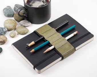 Journal Bandolier // olive leather // (a better pencil case, journal pen holder, book strap, pen loop, pencil roll, pen bandolier)