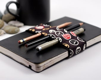Journal Bandolier // black type // (a better pencil case, journal pen holder, book strap, pen loop, pencil roll, pen bandolier)