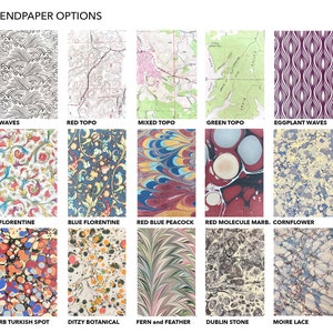 May include: A collage of 15 different endpaper designs for books. The designs include waves, topographic maps, floral patterns, marbled paper, and abstract patterns. The designs are in various colors, including red, blue, green, yellow, and purple.