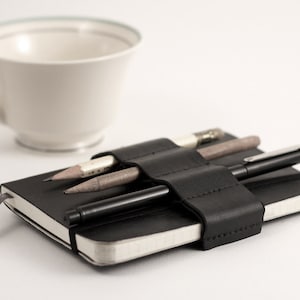 Mini Bandolier // black leather // (a better pencil case, journal pen holder, book strap, pen loop, pencil roll, pen bandolier)