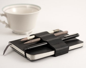 Mini Black Leather Journal Bandolier: Pen  Pencil Holder