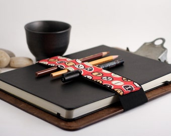 Large Journal Bandolier // red type // (a better pencil case, journal pen holder, book strap, pen loop, pencil roll, pen bandolier)