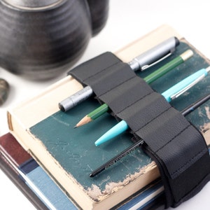 Adjustable Bandolier // black leather // a better pencil case, journal pen holder, book strap, pen loop, pencil roll, pen bandolier image 2