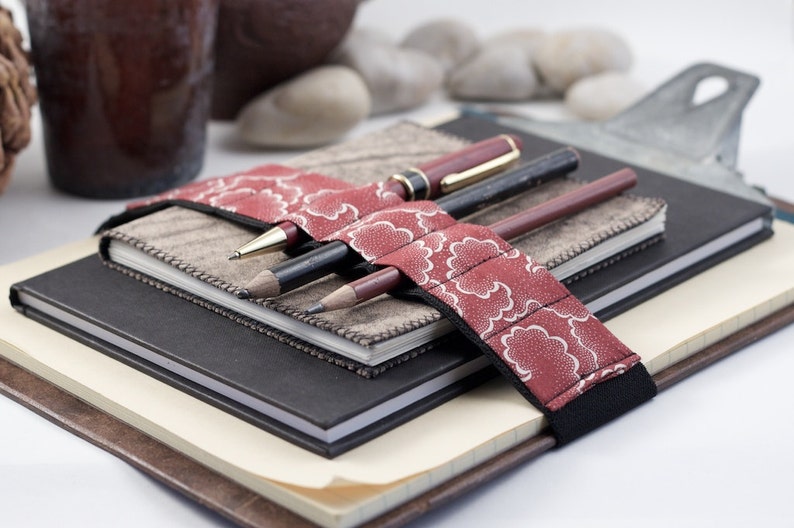 Journal Bandolier Large // red tempest // a better pencil case, journal pen holder, book strap, pen loop, pencil roll, pen bandolier zdjęcie 1