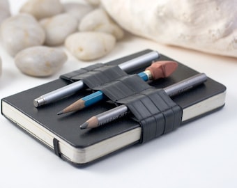 Mini Bandolier  // reclaimed rubber // (a better pencil case, journal pen holder, book strap, pen loop, pencil roll, pen bandolier)
