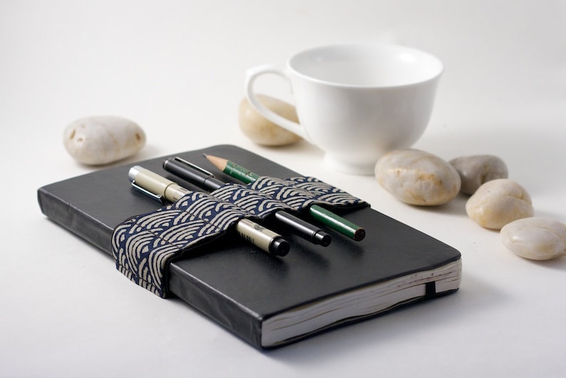 Journal Bandolier // Zen Garden Navy // a better pencil case, journal pen holder, book strap, pen loop, pencil roll, pen bandolier image 3
