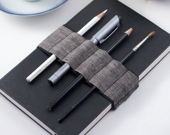 Journal Bandolier  // dark linen // (a better pencil case, journal pen holder, book strap, pen loop, pencil roll, pen bandolier)