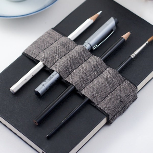 Journal Bandolier  // dark linen // (a better pencil case, journal pen holder, book strap, pen loop, pencil roll, pen bandolier)
