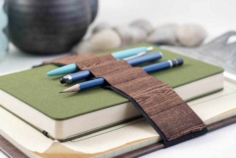 Pencil case alternative // woodgrain // a better pencil case, journal pen holder, book strap, pen loop, pencil roll, pen bandolier image 3