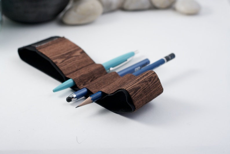 Pencil case alternative // woodgrain // a better pencil case, journal pen holder, book strap, pen loop, pencil roll, pen bandolier image 4