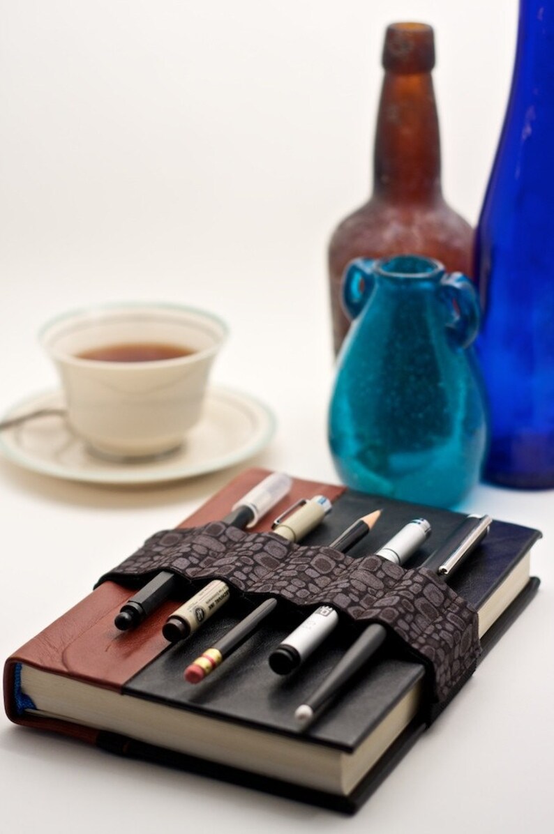 Journal Bandolier // grey pods // a better pencil case, journal pen holder, book strap, pen loop, pencil roll, pen bandolier image 3